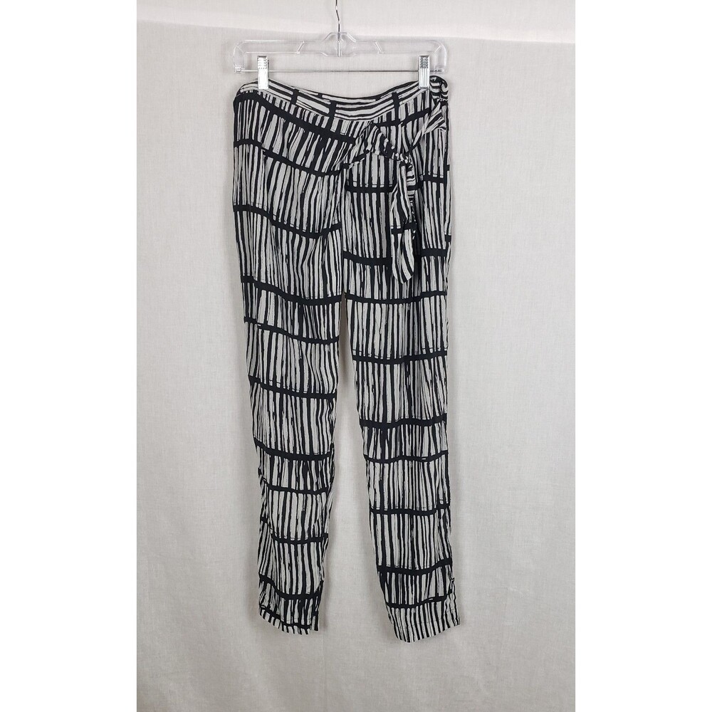 Greylin Pants Black Gray 100% Silk Faux Wrap Side Tie Pants M Striped Career